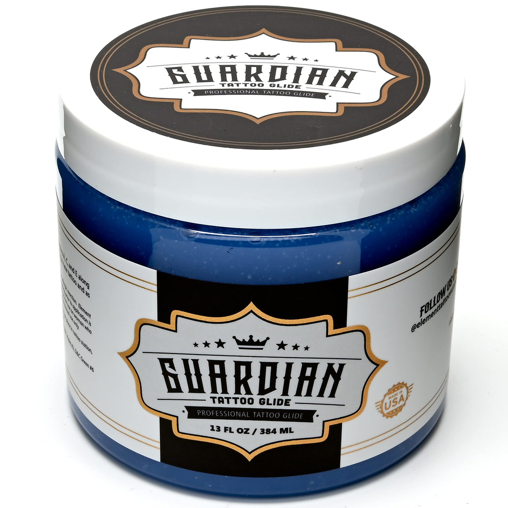Element Tattoo Supply Guardian Tattoo Glide Gel during-tattoo closeup reveals ink-control at needle tip