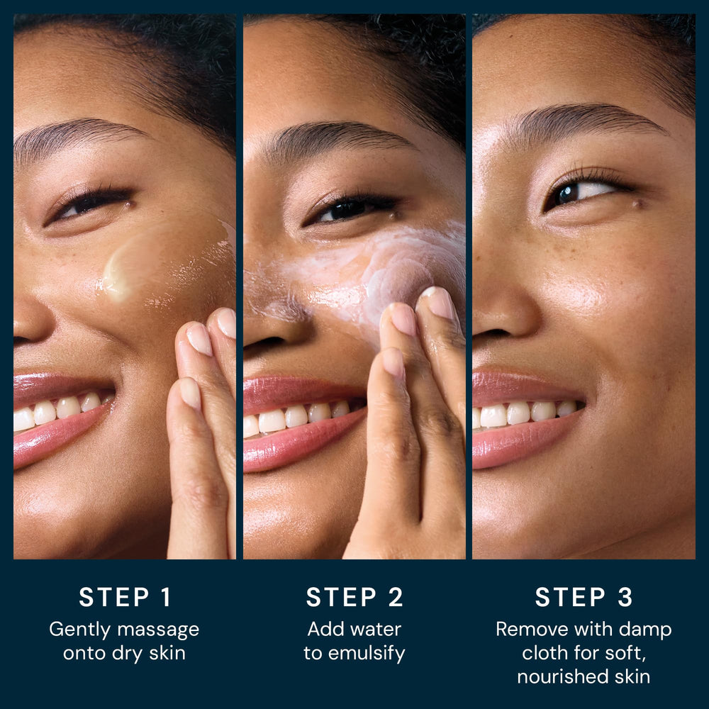 Damp cloth removes balm, revealing clean, nourished skin
