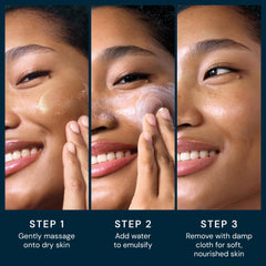 Damp cloth removes balm, revealing clean, nourished skin