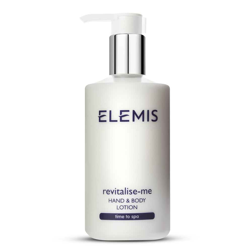 Elemis Revitalise-Me hand-body lotion packshot showing a glossy bottle for silky skin.
