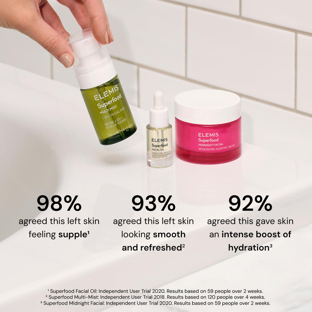 Close-up of ELEMIS Superfood ingredients with antioxidant botanicals.