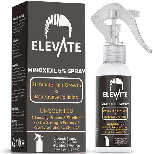 Elevate 5% Minoxidil spray bottle close-up for home use