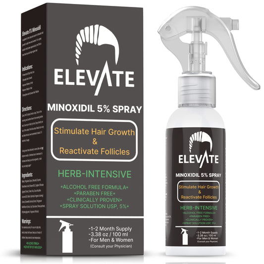 Elevate 5% Minoxidil spray bottle with non-greasy, quick-absorbing formula for daily use
