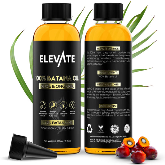 Elevate Batana Oil bottle promotes hair growth and nourished roots.