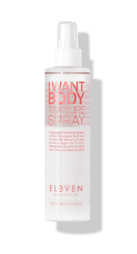 ELEVEN AUSTRALIA I Want Body Texture Spray bottle close-up showing texture and volume potential.