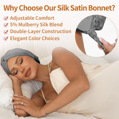 ELIO silk bonnet with 5% Mulberry Silk for breathable moisture and reduced friction.