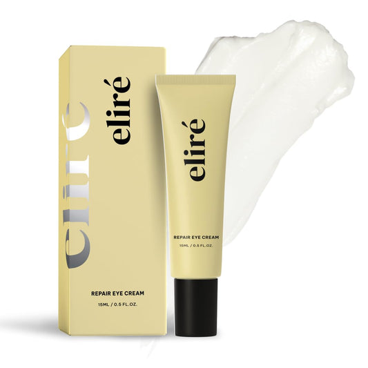 Eliré Korean Repair Eye Cream bottle close-up demonstrates silky texture and hydration.
