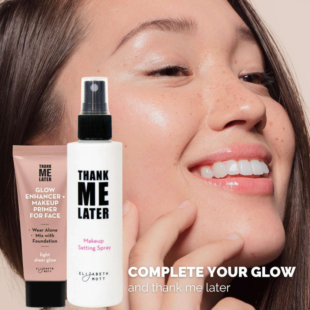 Elizabeth Mott Thank Me Later lightweight glow primer on skin delivers hydration.