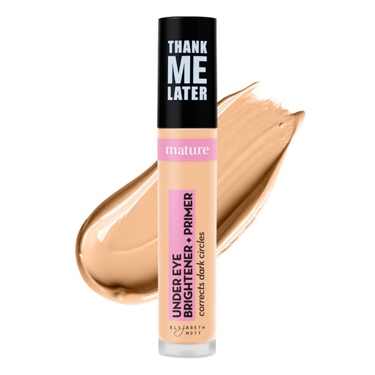 Elizabeth Mott Thank Me Later bottle demonstrating hydration-friendly primer for a smooth under-eye base.