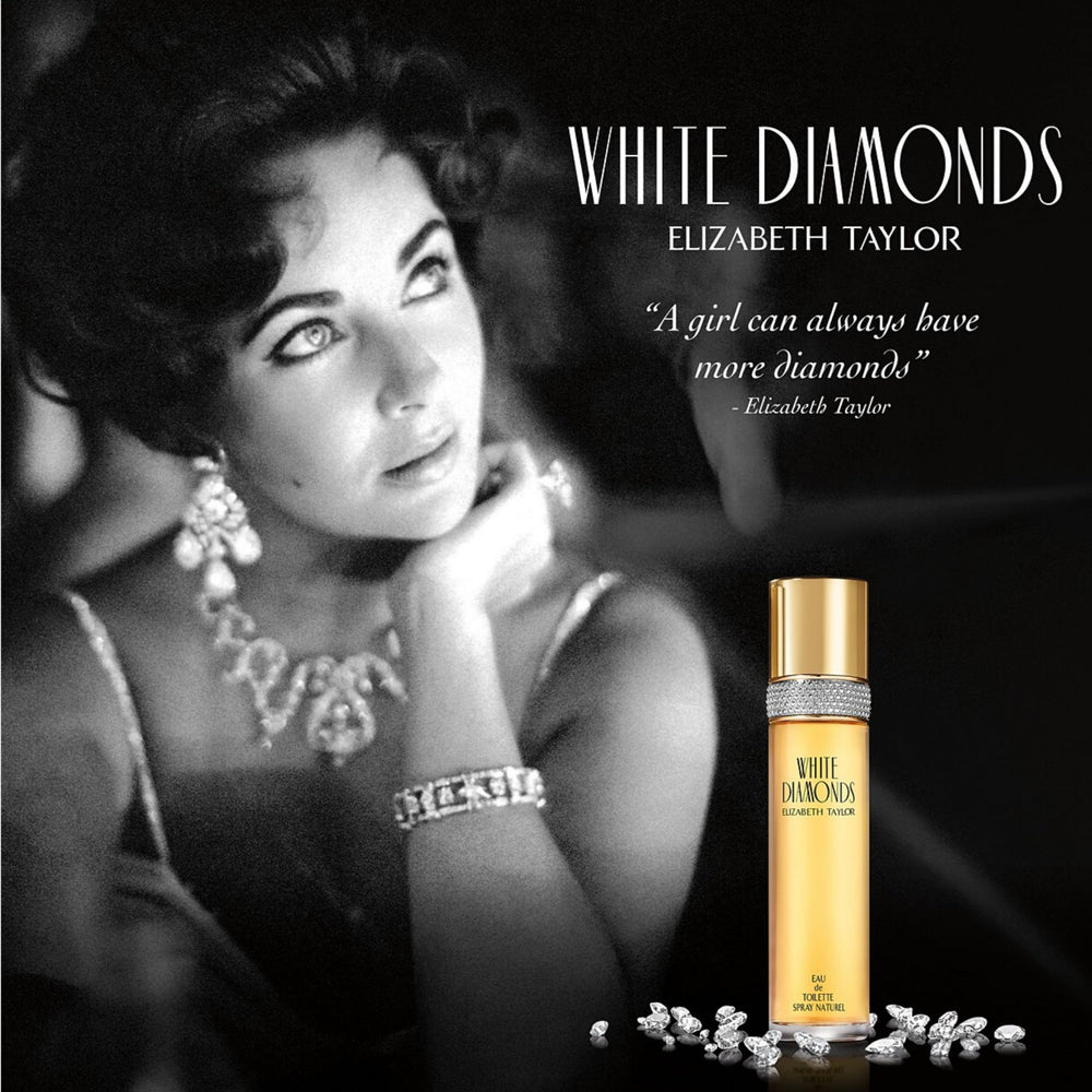 Elizabeth Taylor White Diamonds perfumed body lotion application delivers silky hydration and scent.