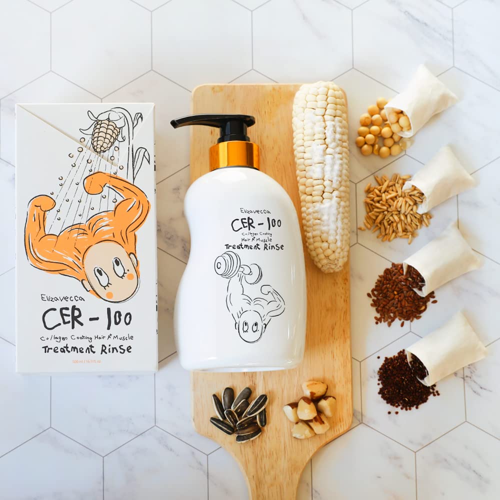 Elizavecca Collagen Coating Hair Treatment 500ml bottle on vanity for routine care.