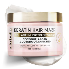 ELLA BELLA Keratin Hair Mask bottle pour for smooth, hydrated locks.