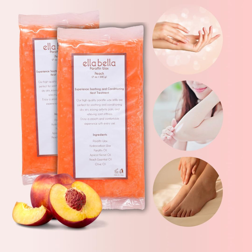 ELLA BELLA peach wax refill pouring for warm, soothing hand treatment.