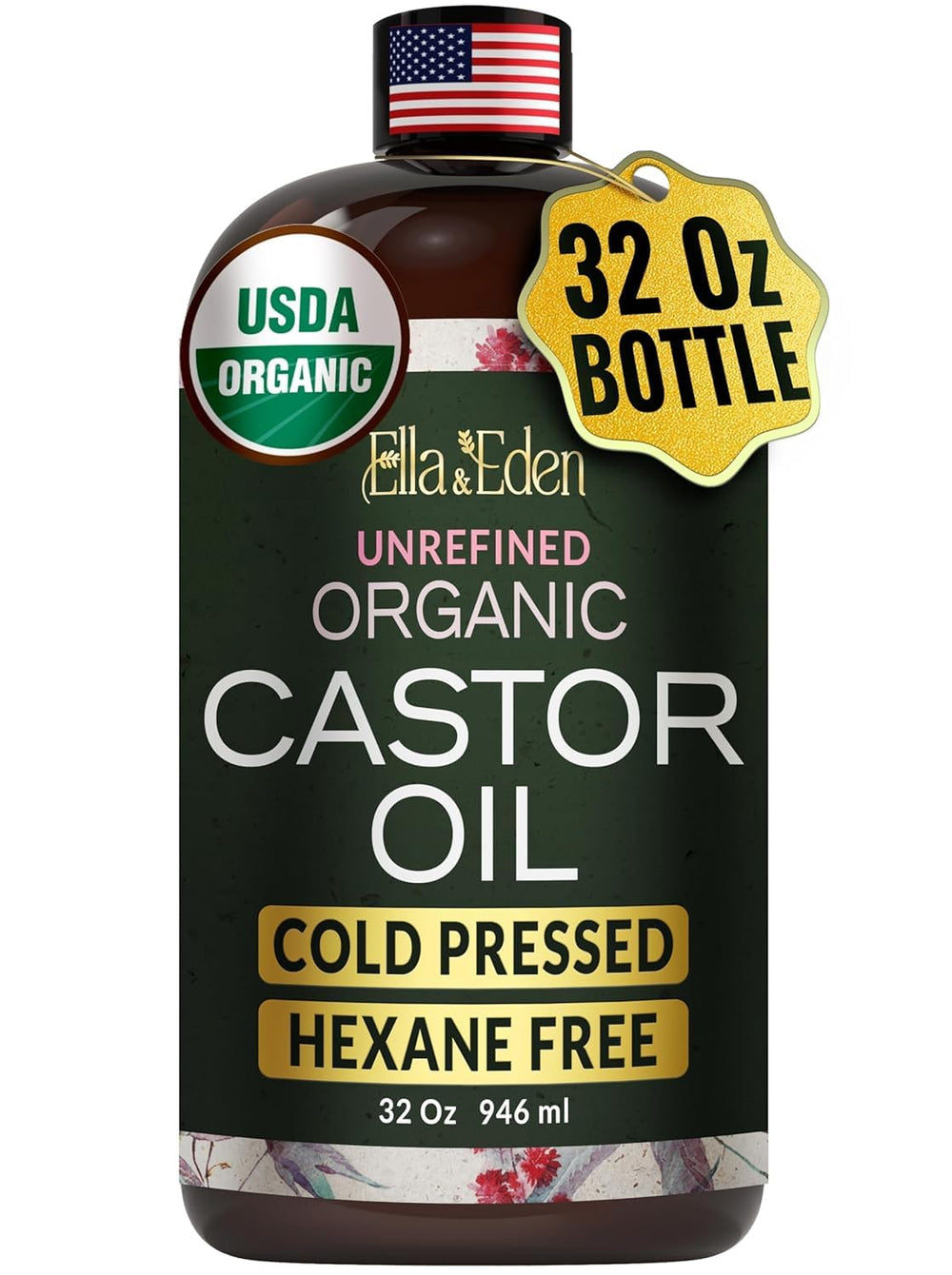 Ella & Eden castor oil 32oz bottle, pure hexane-free for daily hair and skin care.