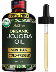 Ella Eden Organic Jojoba Oil bottle front for skin hydration.