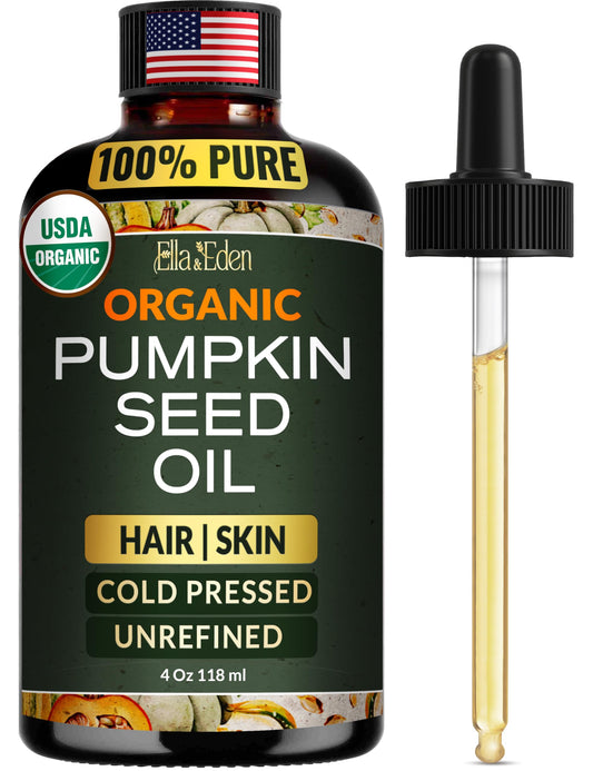 Ella & Eden pumpkin seed oil bottle highlighting organic purity for hair care.
