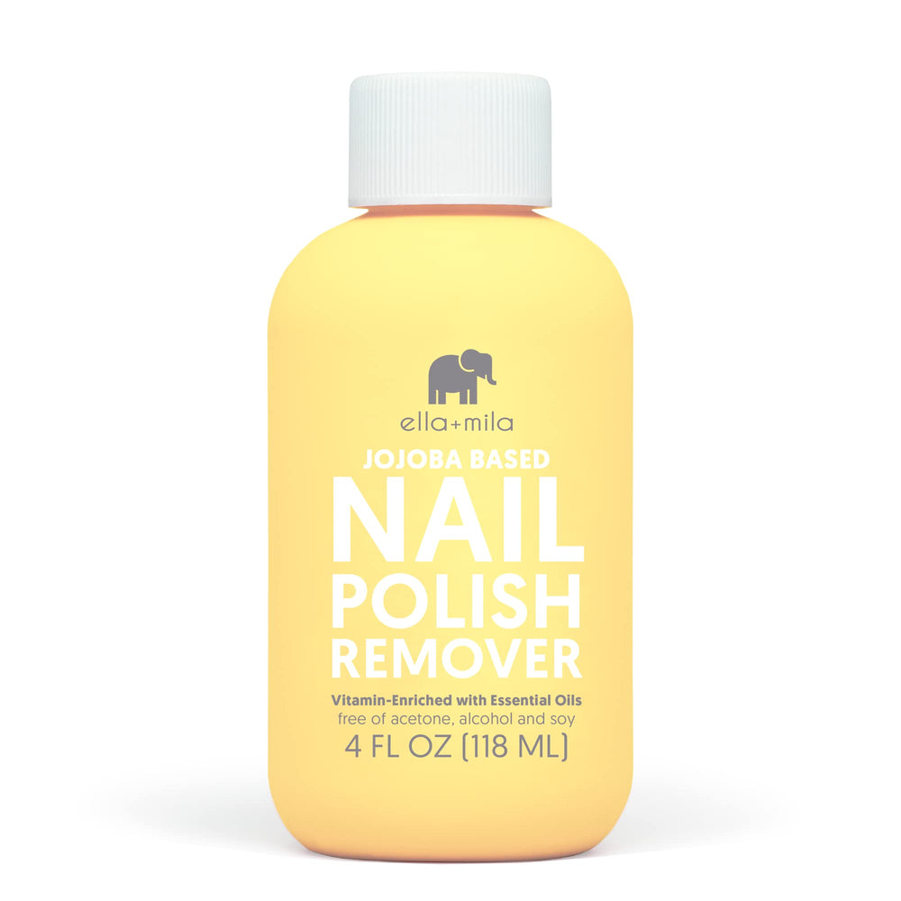 Ella Mila jojoba nail polish remover bottle demonstrates gentle, acetone-free cleansing for natural nails.
