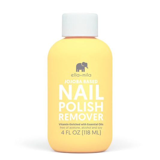 Ella Mila jojoba nail polish remover bottle demonstrates gentle, acetone-free cleansing for natural nails.