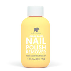Ella Mila jojoba nail polish remover bottle demonstrates gentle, acetone-free cleansing for natural nails.