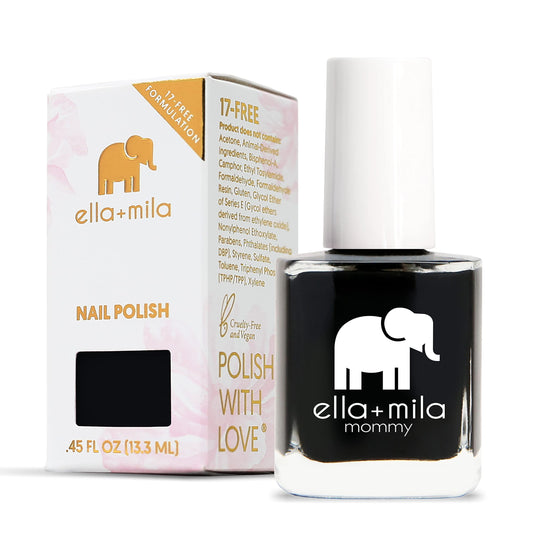 ella-mila Lights Out bottle close-up showing fast-drying, chip-resistant black polish.