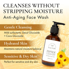 ELLA PURE peptide face wash pump being pressed for easy daily cleansing.