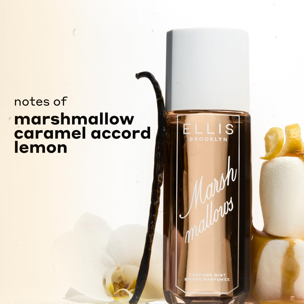 Closeup of Marshmallows Mist label highlighting caramel and vanilla notes.