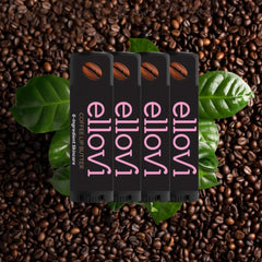 Ellovi Coffee Lip Butter 4-pack label close-up highlighting ingredients.