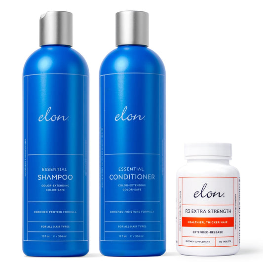 Elon Complete Care Kit shampoo bottle showing hydrating formula for healthy hair