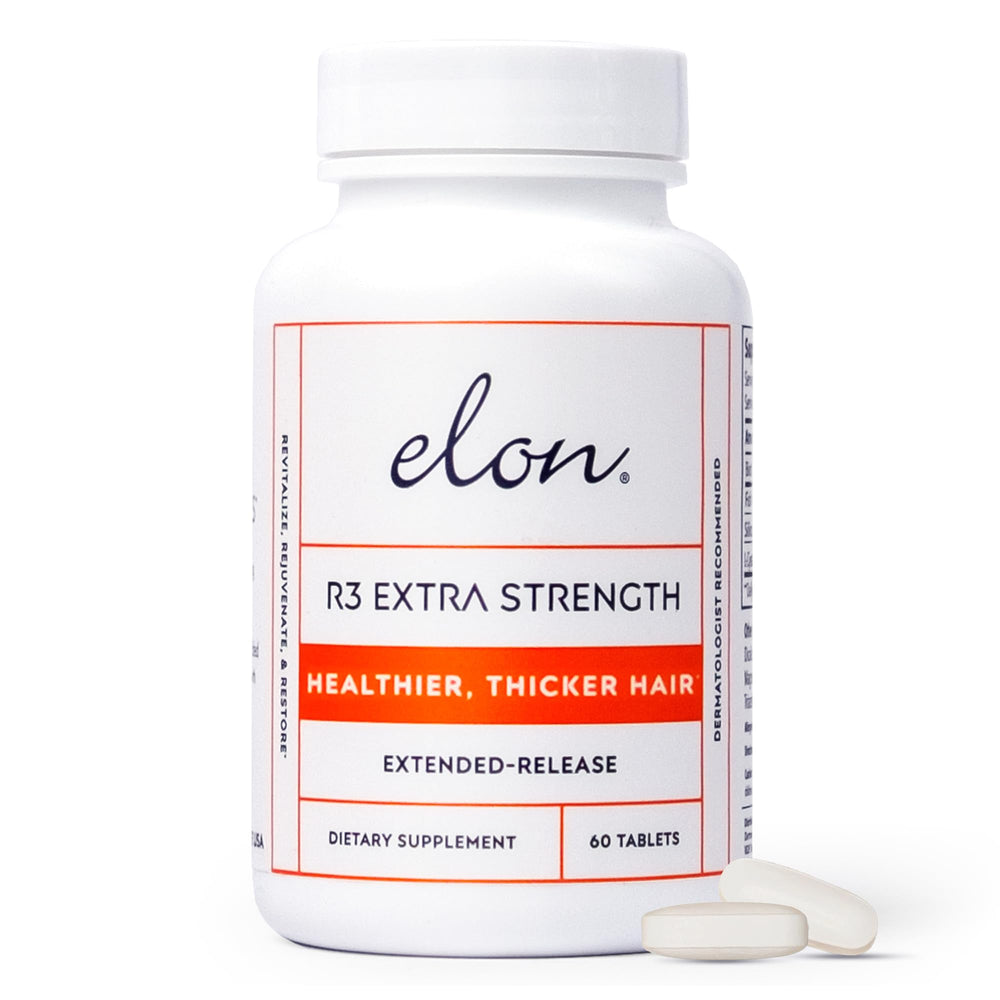 Elon R3 hair growth tablets bottle with glossy label, signaling strength and shine benefits