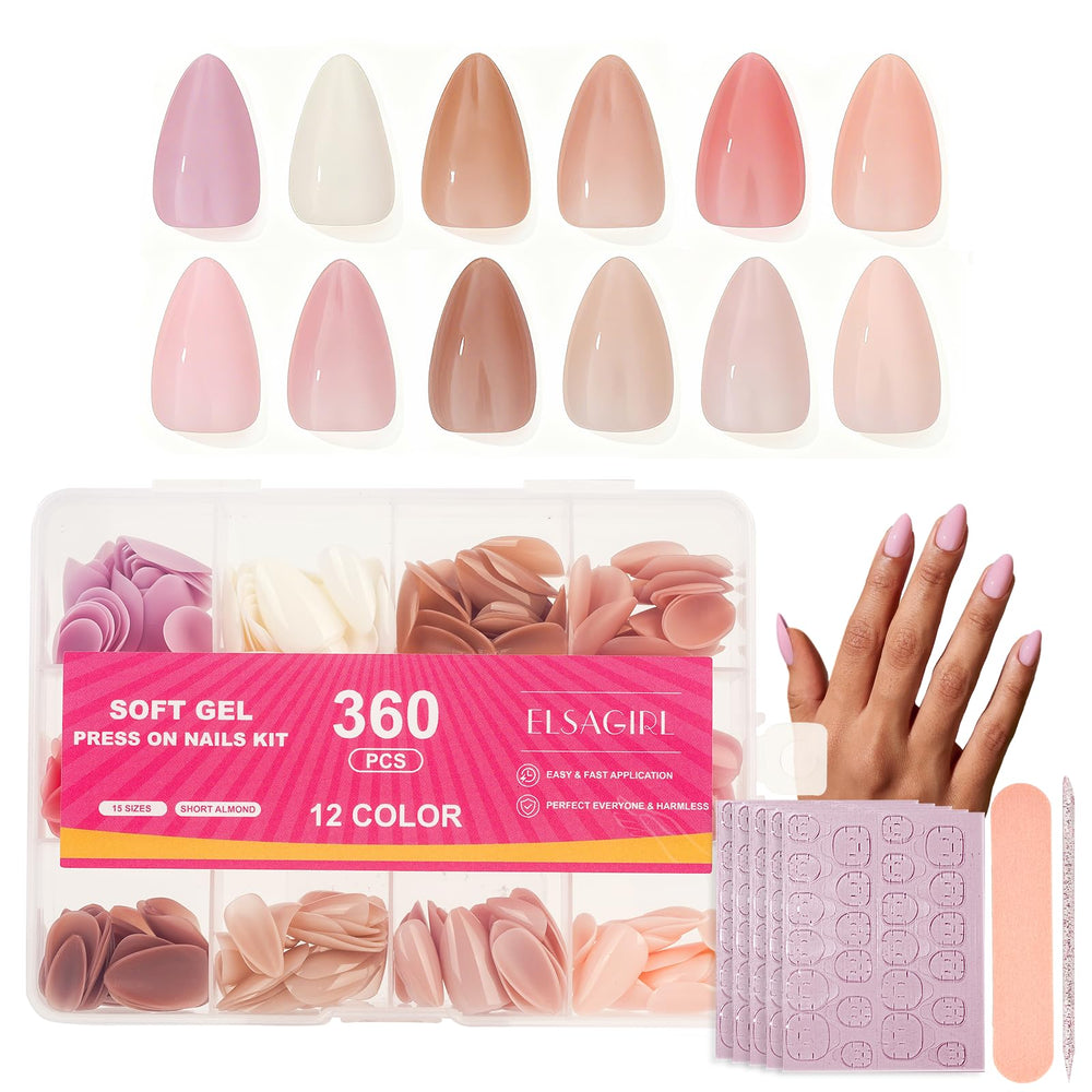 ELSAGIRL 12-color short almond press-on nails with adhesive tabs for fast manicures.
