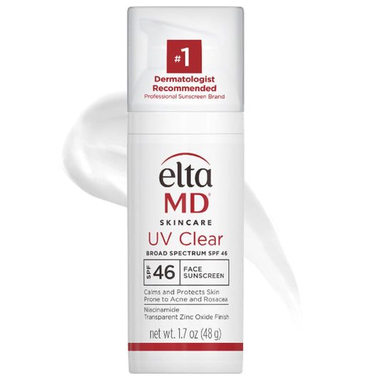 EltaMD UV Clear sunscreen bottle showing clear, non-greasy protection for sensitive skin