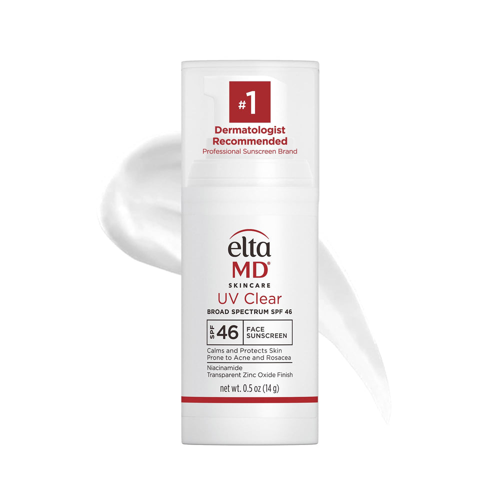 EltaMD UV Clear bottle front view, lightweight sunscreen for sensitive, acne-prone skin