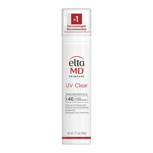 EltaMD UV Clear sunscreen bottle on counter offering oil-free protection for sensitive skin.