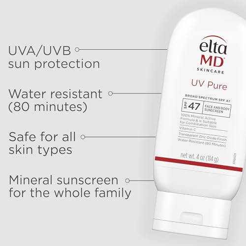 EltaMD UV Pure sunscreen bottle back label showing ingredients and zinc oxide protection.