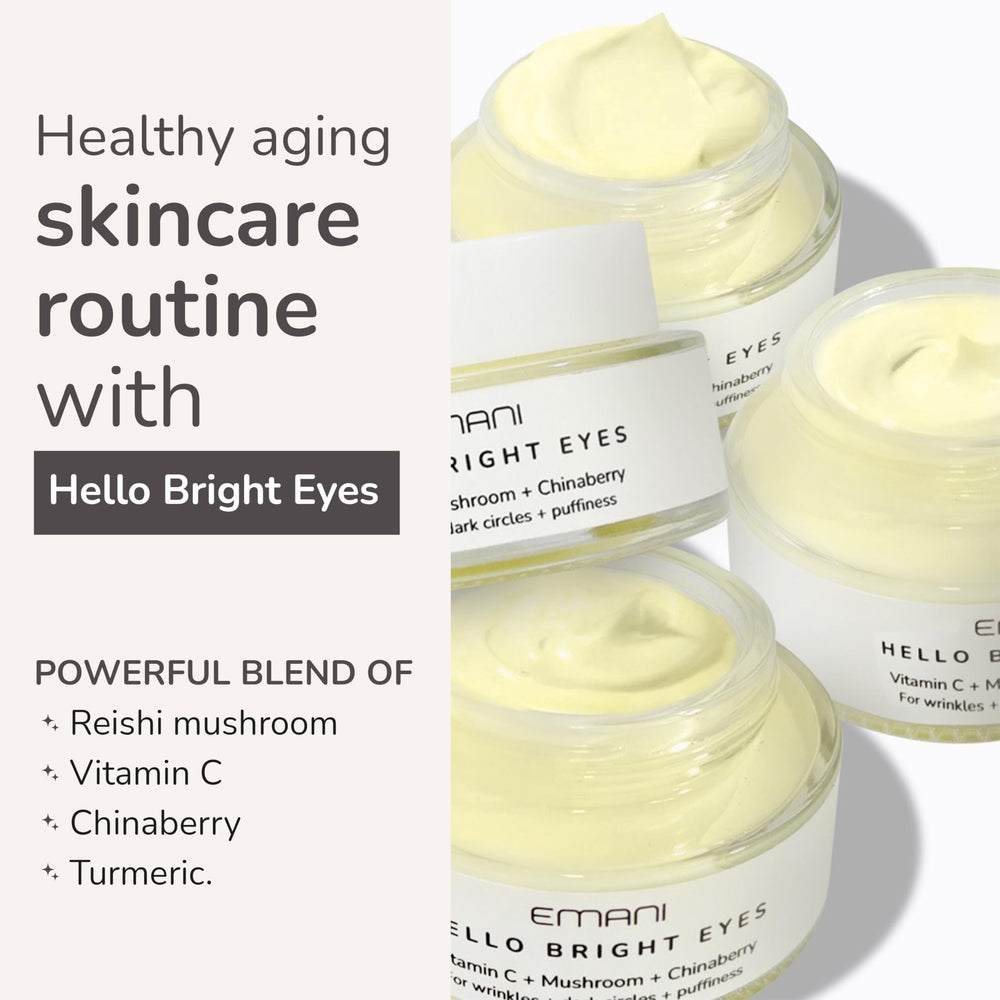 Emani Hello Bright Eyes caffeine boost label suggests refreshed-looking eyes