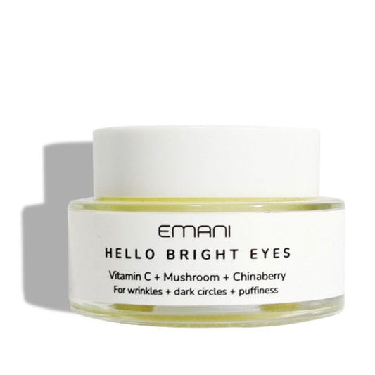 Emani Hello Bright Eyes jar closeup shows creamy texture for under-eye hydration