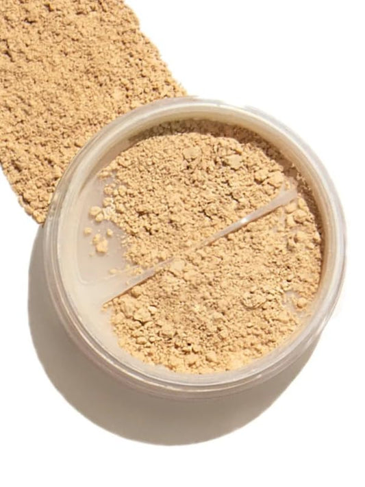 Emani Perfecting Crushed Foundation jar shows talc-free mineral formula for sensitive skin