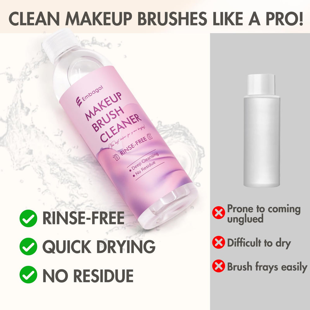 Embagol makeup brush cleaner rinse-free application keeps brushes ready fast.