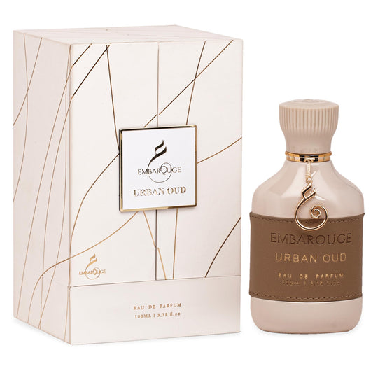 Embarouge Urban Oud bottle close-up highlighting smoky wood notes for evening allure