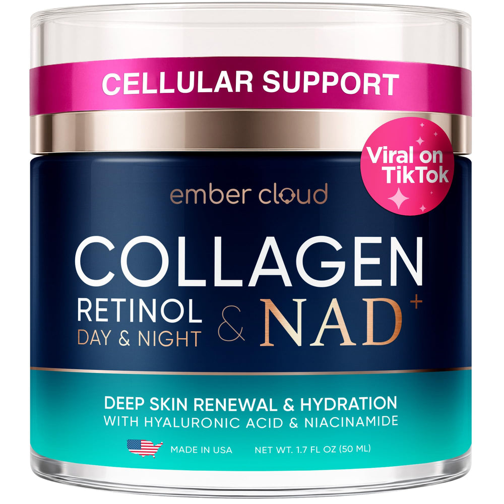 Ember Cloud Collagen NAD Cream bottle—premium daily moisturizer for all skin types.