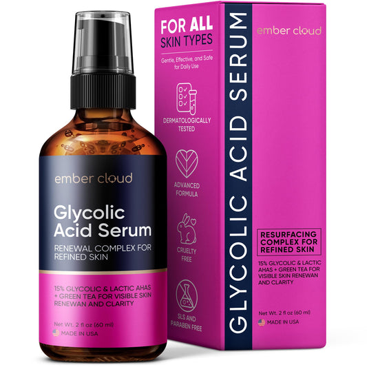 Ember Cloud Glycolic Serum bottle shows 15% formula for radiant skin.