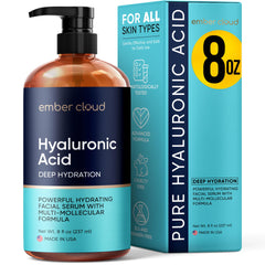 Ember Cloud Hyaluronic Serum bottle with pump delivering deep facial hydration
