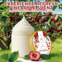 After-bath application demonstrating easy skin smoothing with Embleaf Cherry Body Butter.