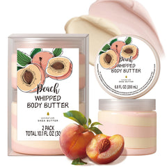 Embleaf Peach Whipped Body Butter bottle pour, showing rich texture for deep hydration.