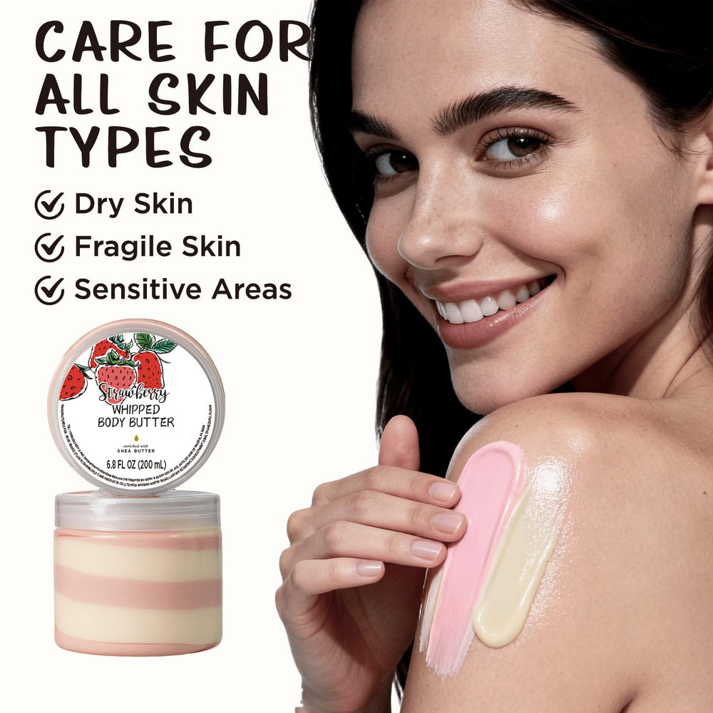 Embleaf Strawberry Whipped Body Butter jar close-up highlights creamy texture and scent