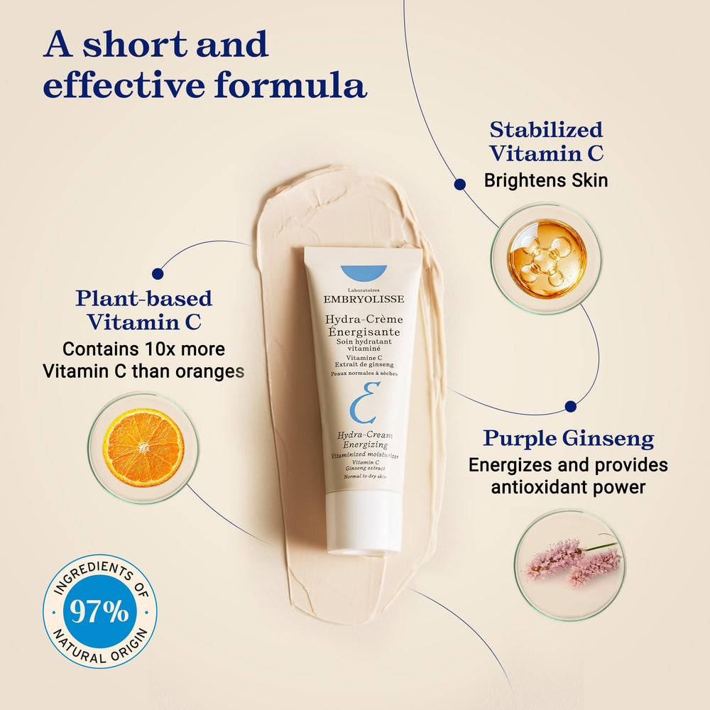 Finger-dip with Embryolisse Vitamin C Energizing Moisturizer revealing nourishing oils.
