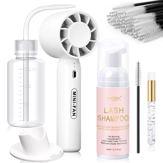 EMEDA lash cleaning kit with fan dryer drying lashes quickly after cleansing.