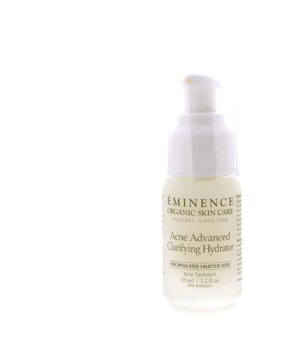 Pump dispenser of Eminence hydrator showing oil-control benefits.