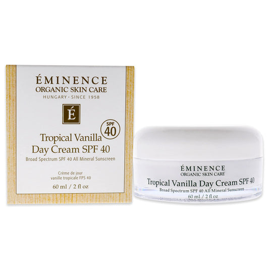 Eminence Tropical Vanilla Day Cream SPF 40 bottle on vanity, hydrated skin protection.