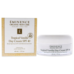 Eminence Tropical Vanilla Day Cream SPF 40 bottle on vanity, hydrated skin protection.
